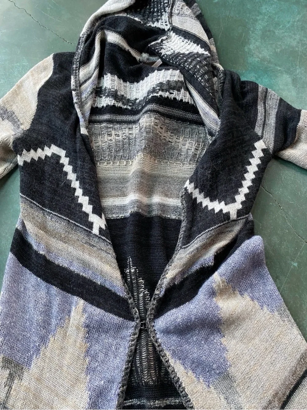 Free People Long Black and Cream Knit Cardigan with Hoodie